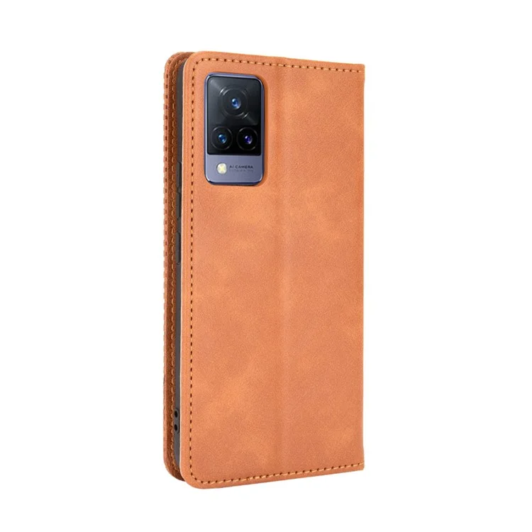 Estilo Vintage Magnético Auto-absorção Auto-Proteção Full-Proteção Carrinho Caso De Couro Do Telefone De Couro Para Vivo V21 4G / 5G - Castanho