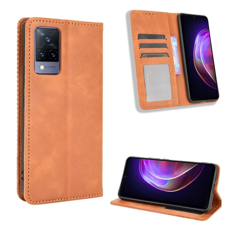Estilo Vintage Magnético Auto-absorção Auto-Proteção Full-Proteção Carrinho Caso De Couro Do Telefone De Couro Para Vivo V21 4G / 5G - Castanho