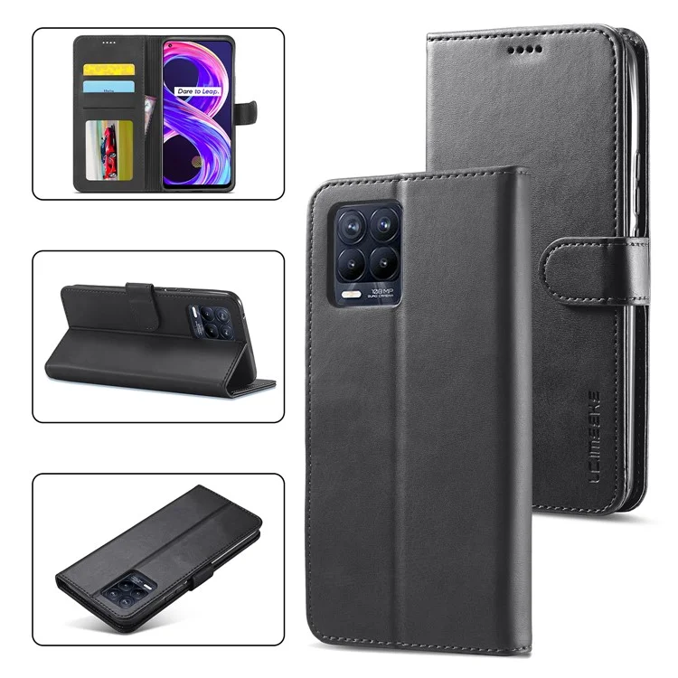 LC.IMEEKE Wallet Design Leather Phone Protector Stand Shell for Realme 8/8 Pro 4G - Black