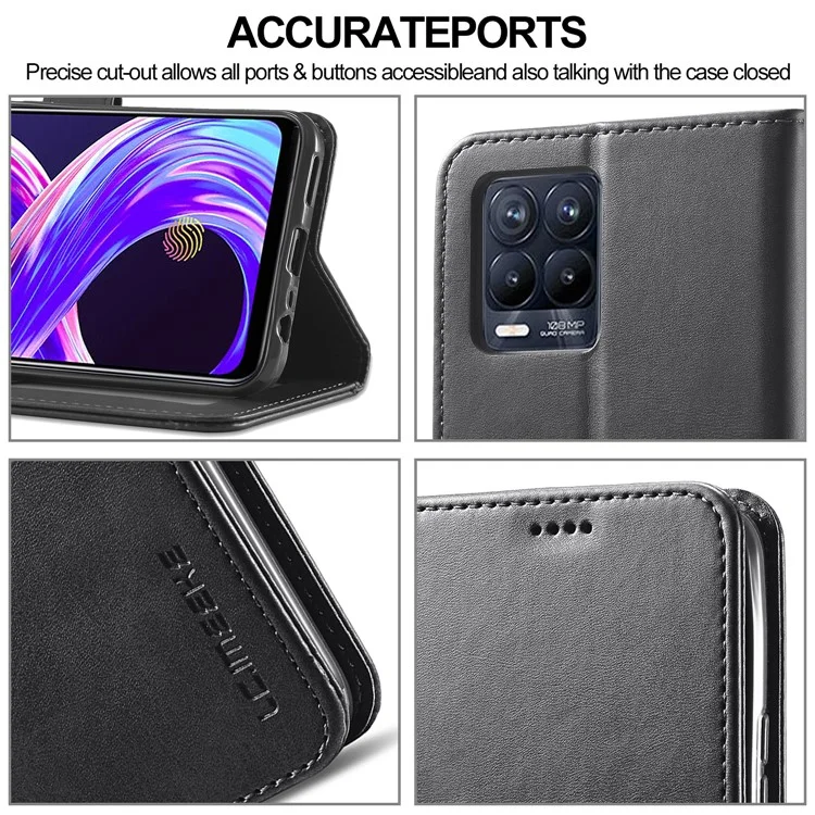 LC.IMEEKE Wallet Design Leather Phone Protector Stand Shell for Realme 8/8 Pro 4G - Black