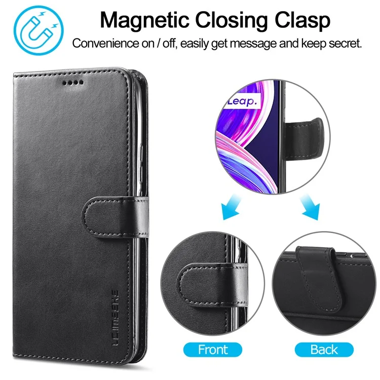 LC.IMEEKE Wallet Design Leather Phone Protector Stand Shell for Realme 8/8 Pro 4G - Black