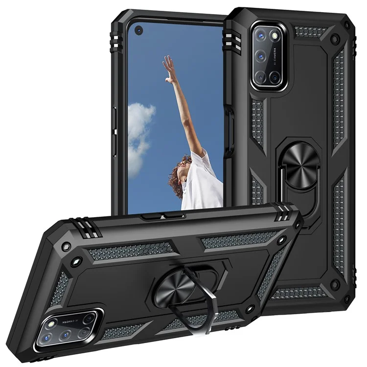 Anti-Fall Phone Hybrid PC + TPU + Custodia per Telefono in Metallo con Supporto per Anello per Dita per Oppo A72 / A52 / A92 - Nero