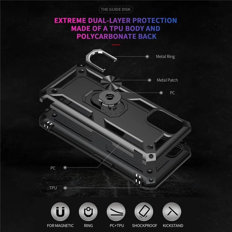 Anti-Fall Phone Hybrid PC + TPU + Custodia per Telefono in Metallo con Supporto per Anello per Dita per Oppo A72 / A52 / A92 - Nero