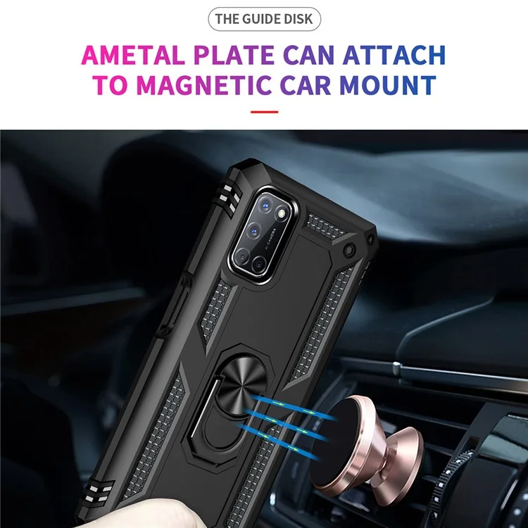 Anti-Fall Phone Hybrid PC + TPU + Custodia per Telefono in Metallo con Supporto per Anello per Dita per Oppo A72 / A52 / A92 - Nero