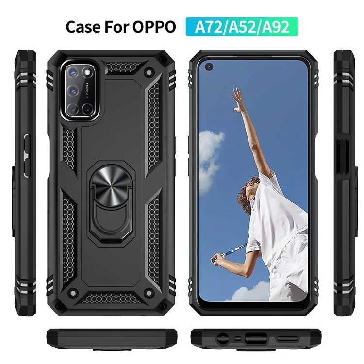 Anti-Fall Phone Hybrid PC + TPU + Custodia per Telefono in Metallo con Supporto per Anello per Dita per Oppo A72 / A52 / A92 - Nero