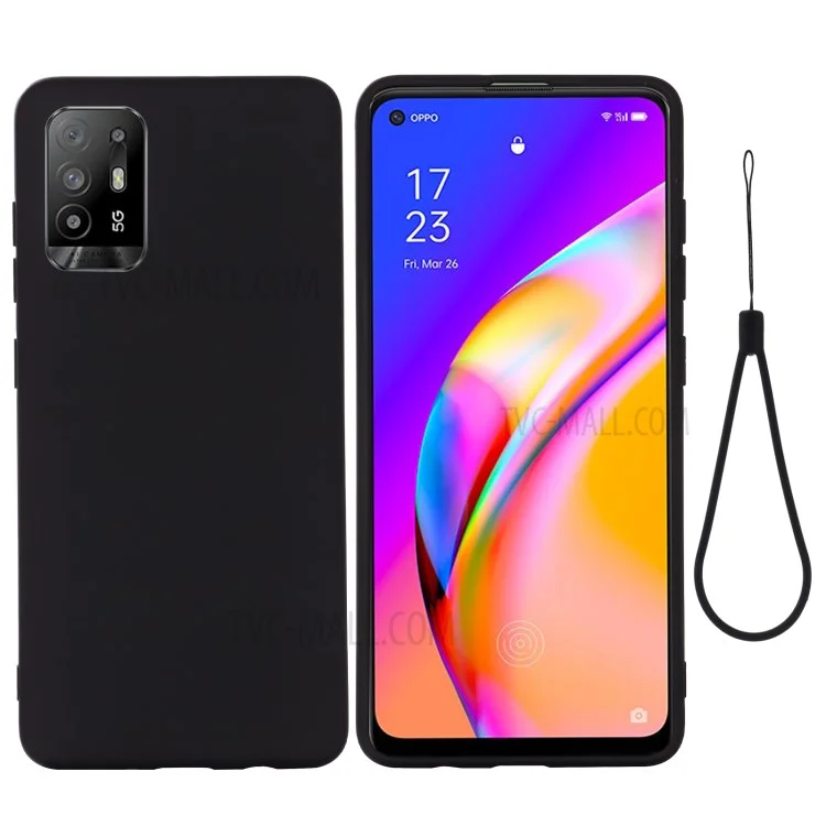 For Oppo F19 Pro+ 5G Soft Liquid Silicone Phone Case Anti-Scratch Phone Cover with Strap - Black
