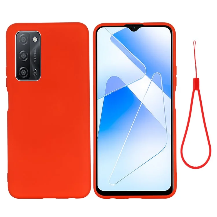 Для Oppo A55 5G / A54 4G Жидкий силиконовый чехол, ударопрочный защитный чехол для телефона со шнурком - Красный