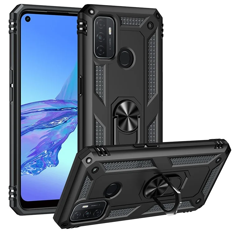 Для Oppo A53 / A53s / A32 4G Чехол для телефона PC + TPU Гибридный корпус телефона с кольцевым держателем - Черный