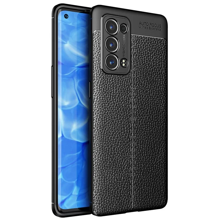 Litchi Textur Fullcover Leder Flexibles TPU Schutzhülle für Oppo Reno6 Pro+ 5G/Pro 5G (Snapdragon) - Schwarz