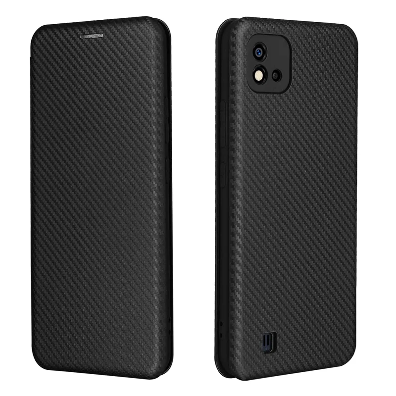 Carbon Fiber Texture Card Slot Auto-absorbed Leather Phone Shell Cover for Realme C11 2021 / C20 - Black