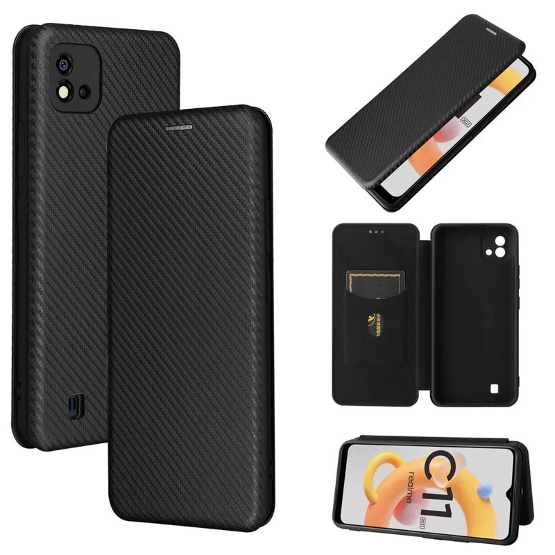 Carbon Fiber Texture Card Slot Auto-absorbed Leather Phone Shell Cover for Realme C11 2021 / C20 - Black