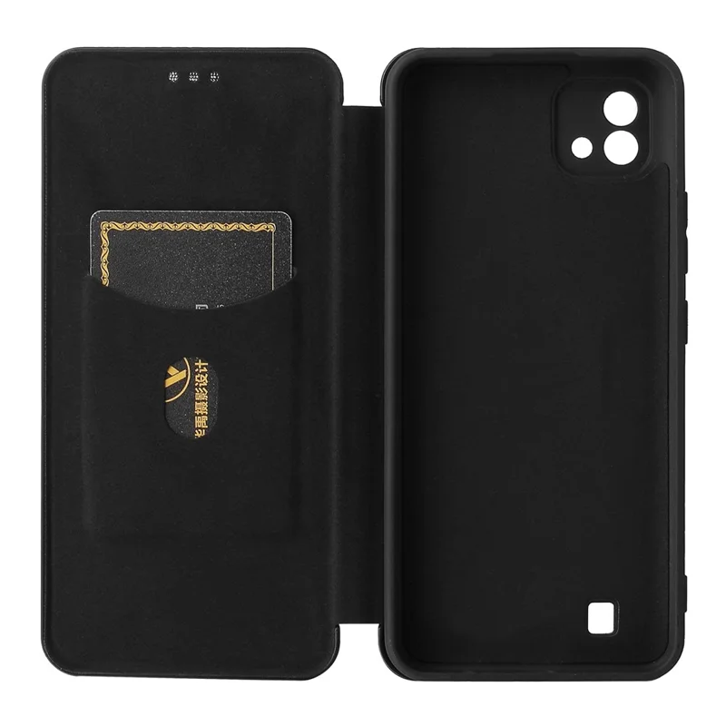 Carbon Fiber Texture Card Slot Auto-absorbed Leather Phone Shell Cover for Realme C11 2021 / C20 - Black