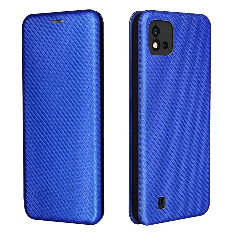 Capa de Telefone de Couro Auto-absorvido com Slot para Cartão e Textura de Fibra de Carbono para Realme C11 2021 / C20 - Azul