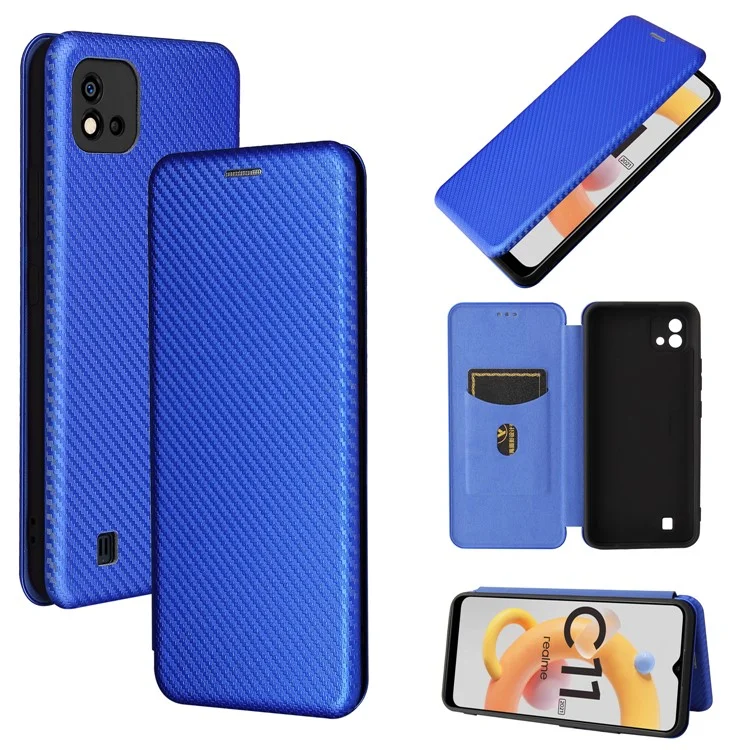 Capa de Telefone de Couro Auto-absorvido com Slot para Cartão e Textura de Fibra de Carbono para Realme C11 2021 / C20 - Azul