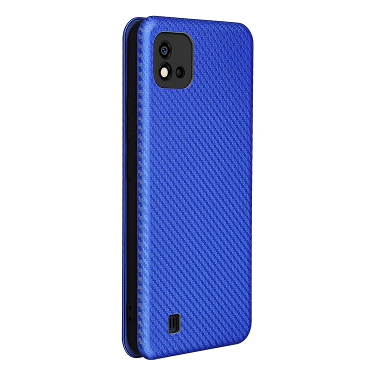 Capa de Telefone de Couro Auto-absorvido com Slot para Cartão e Textura de Fibra de Carbono para Realme C11 2021 / C20 - Azul