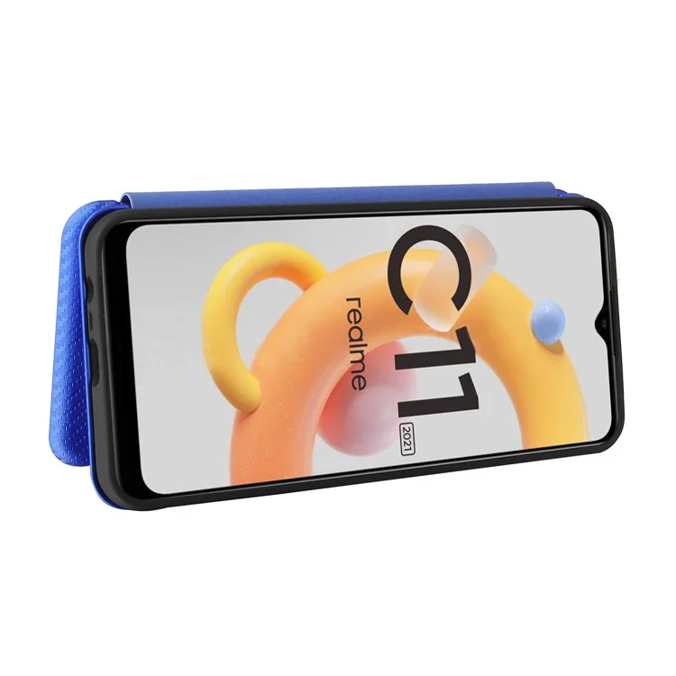 Capa de Telefone de Couro Auto-absorvido com Slot para Cartão e Textura de Fibra de Carbono para Realme C11 2021 / C20 - Azul