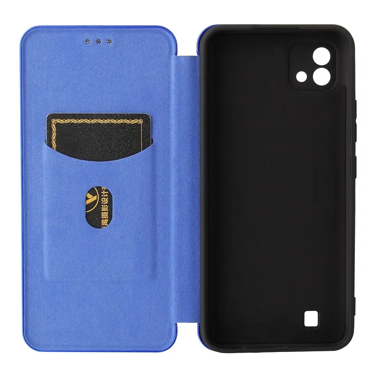 Capa de Telefone de Couro Auto-absorvido com Slot para Cartão e Textura de Fibra de Carbono para Realme C11 2021 / C20 - Azul