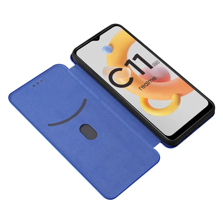 Capa de Telefone de Couro Auto-absorvido com Slot para Cartão e Textura de Fibra de Carbono para Realme C11 2021 / C20 - Azul