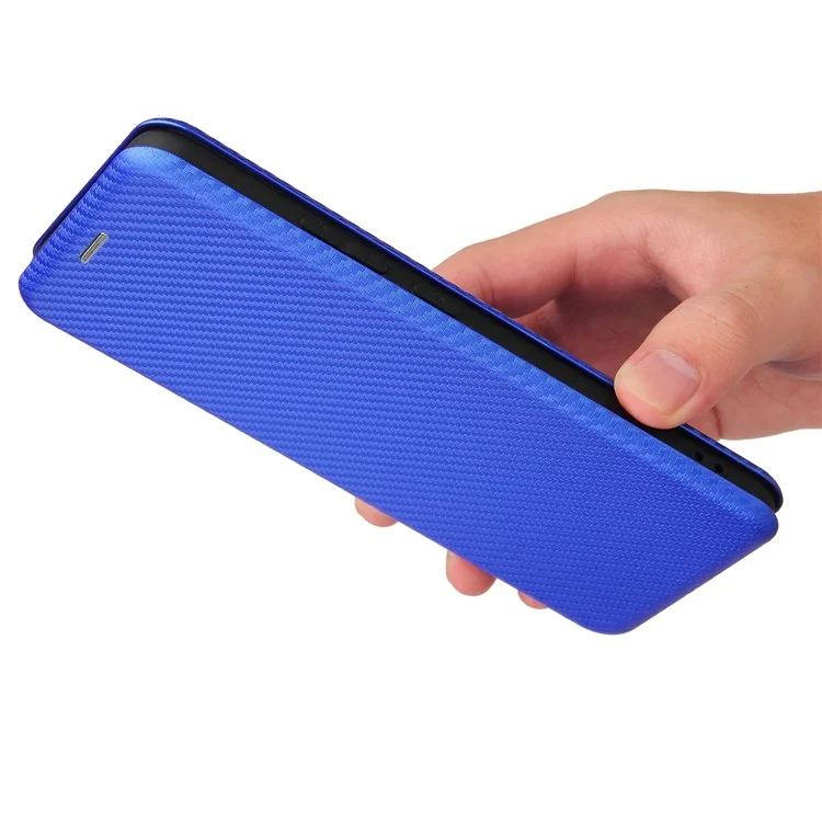 Capa de Telefone de Couro Auto-absorvido com Slot para Cartão e Textura de Fibra de Carbono para Realme C11 2021 / C20 - Azul