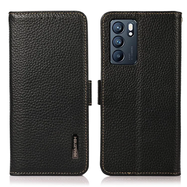 Capa de couro genuíno com textura de lichia e design à prova de furto para o Oppo Reno6 5G - Preto 
