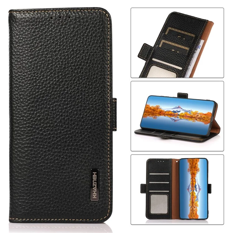 Capa de couro genuíno com textura de lichia e design à prova de furto para o Oppo Reno6 5G - Preto 