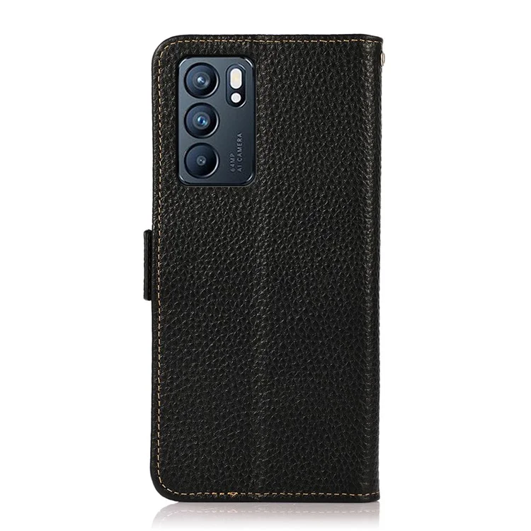 Capa de couro genuíno com textura de lichia e design à prova de furto para o Oppo Reno6 5G - Preto 