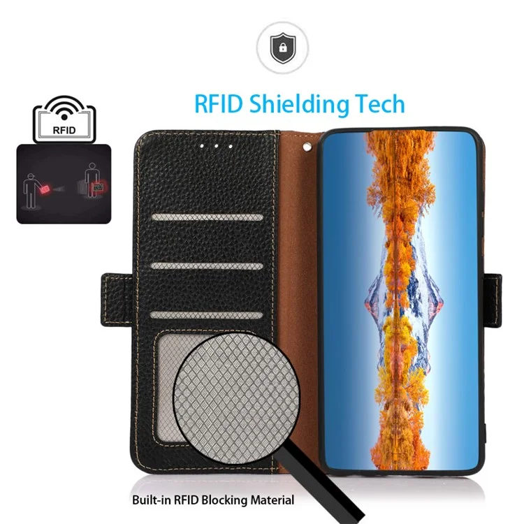 Capa de couro genuíno com textura de lichia e design à prova de furto para o Oppo Reno6 5G - Preto 
