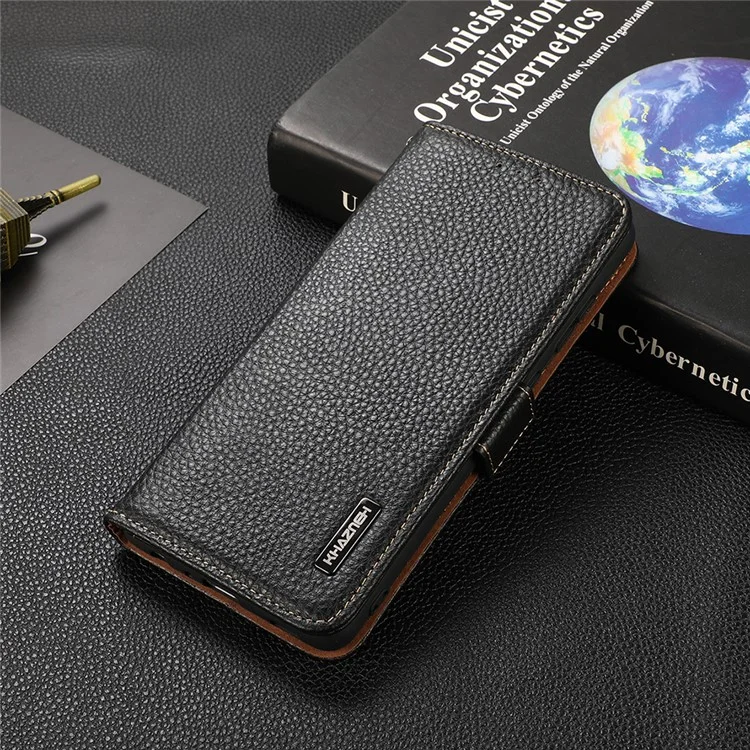 Capa de couro genuíno com textura de lichia e design à prova de furto para o Oppo Reno6 5G - Preto 