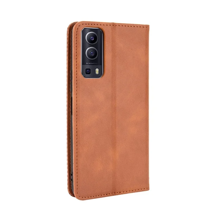 Magnetic Auto-absorbé Style Vintage Portefeuille De Portefeuille En Cuir Pour VIVO Y72 5G / IQOO Z3 - Marron