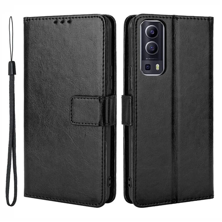 PU Leather Case Wallet with Stand Design Crazy Horse Texture Shell for vivo Y72 5G/iQOO Z3 - Black