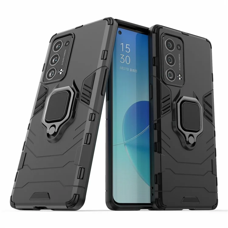 360 Degree Swivel Ring Holder Kickstand PC + TPU Combo Kickstand Cover for Oppo Reno6 Pro+ 5G/Pro 5G (Snapdragon) - Black