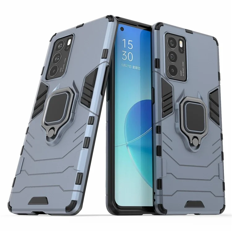 Drop Tested Tested Dual Lowered Heavy Duty PC + TPU Combo Kickstand Cover Avec Porte-bague Pour Oppo Reno6 Pro 5G (MediaTek) - Bleu