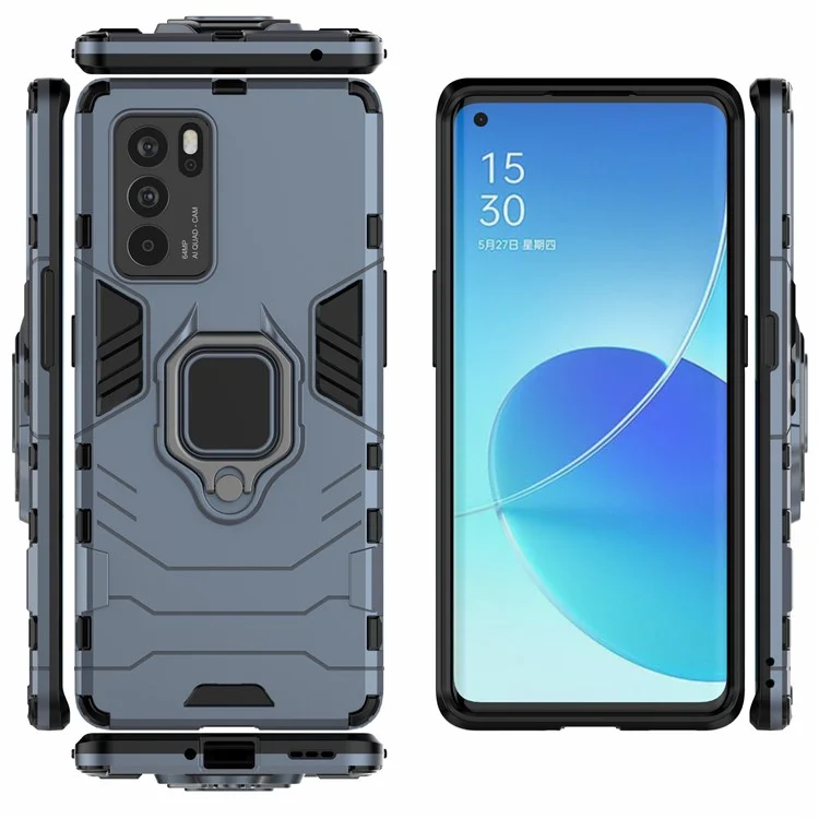 Drop Tested Tested Dual Lowered Heavy Duty PC + TPU Combo Kickstand Cover Avec Porte-bague Pour Oppo Reno6 Pro 5G (MediaTek) - Bleu