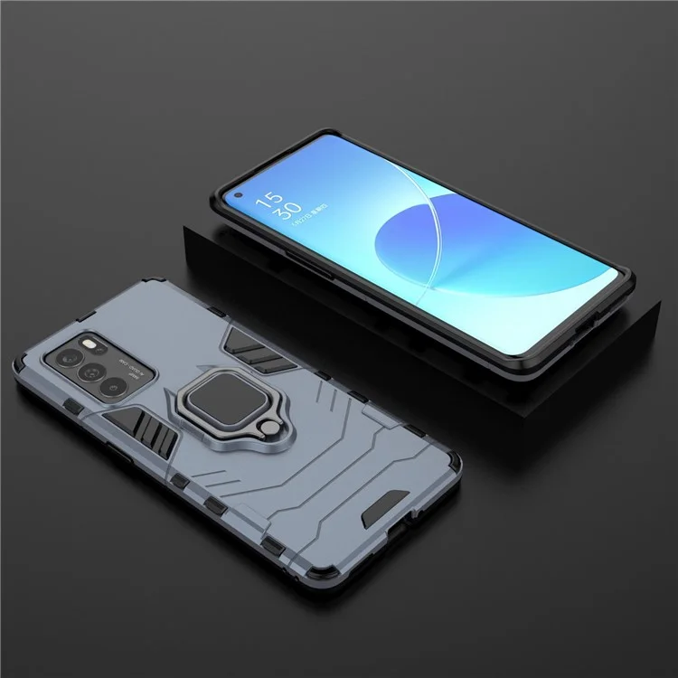 Drop Trobado de Doble Capas Pesadas PC + TPU Combo Combo Coverstand Con Soporte de Anillo Para Oppo Reno6 Pro 5G (MediaTek) - Azul