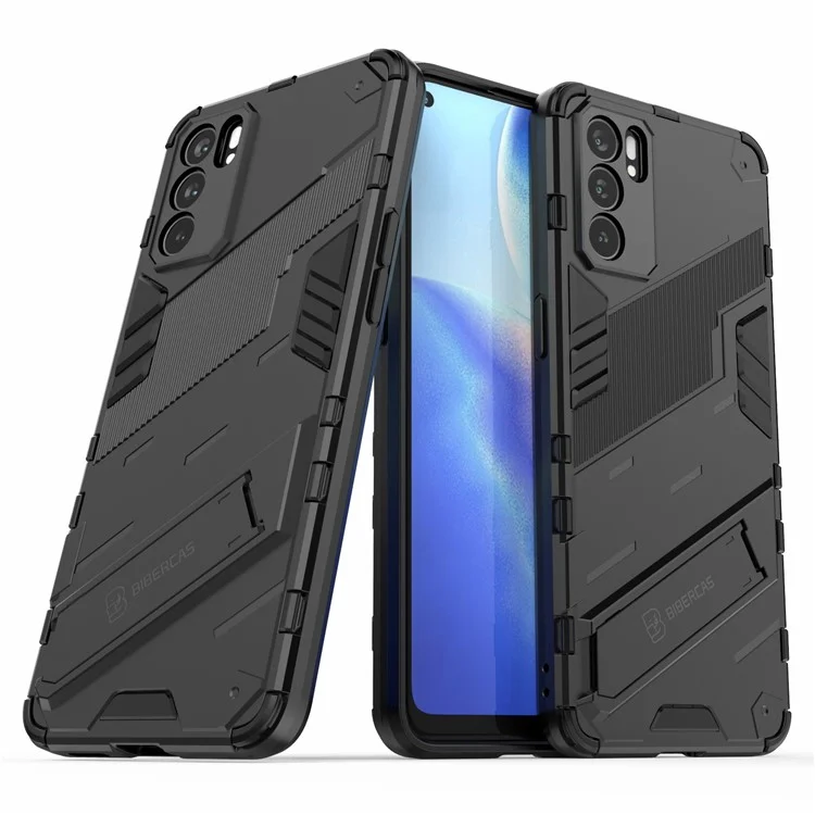 Étui de protection robuste et antichoc en PC + TPU avec support pour Oppo Reno6 5G - Noir 
