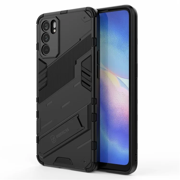Étui de protection robuste et antichoc en PC + TPU avec support pour Oppo Reno6 5G - Noir 