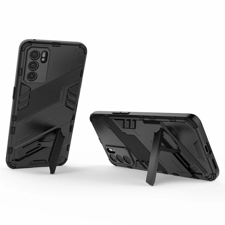 Étui de protection robuste et antichoc en PC + TPU avec support pour Oppo Reno6 5G - Noir 