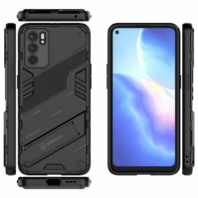 Étui de protection robuste et antichoc en PC + TPU avec support pour Oppo Reno6 5G - Noir 