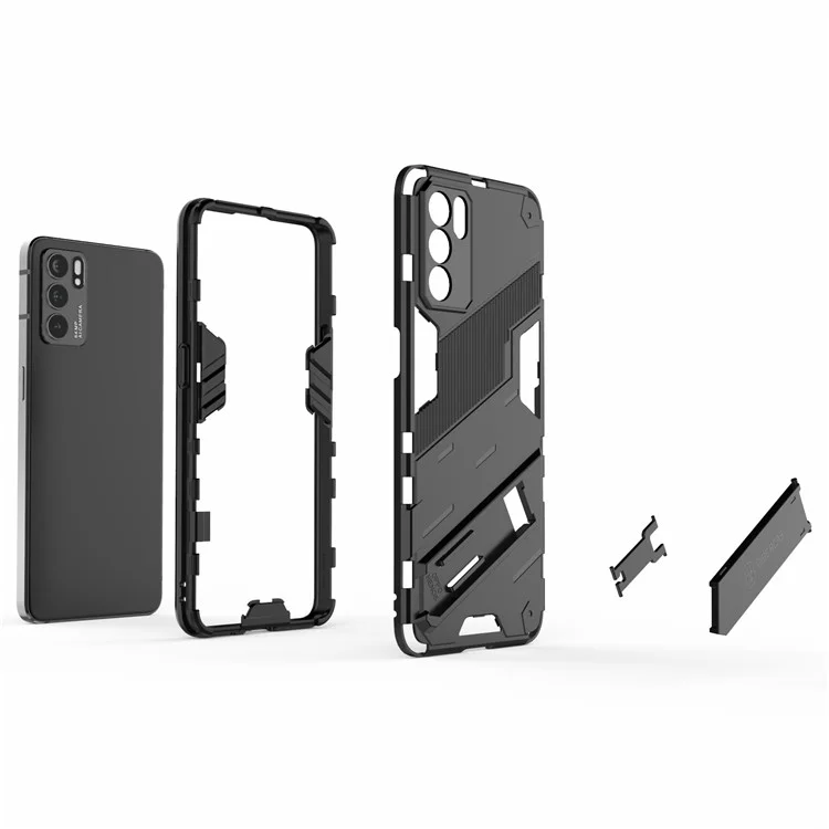Étui de protection robuste et antichoc en PC + TPU avec support pour Oppo Reno6 5G - Noir 