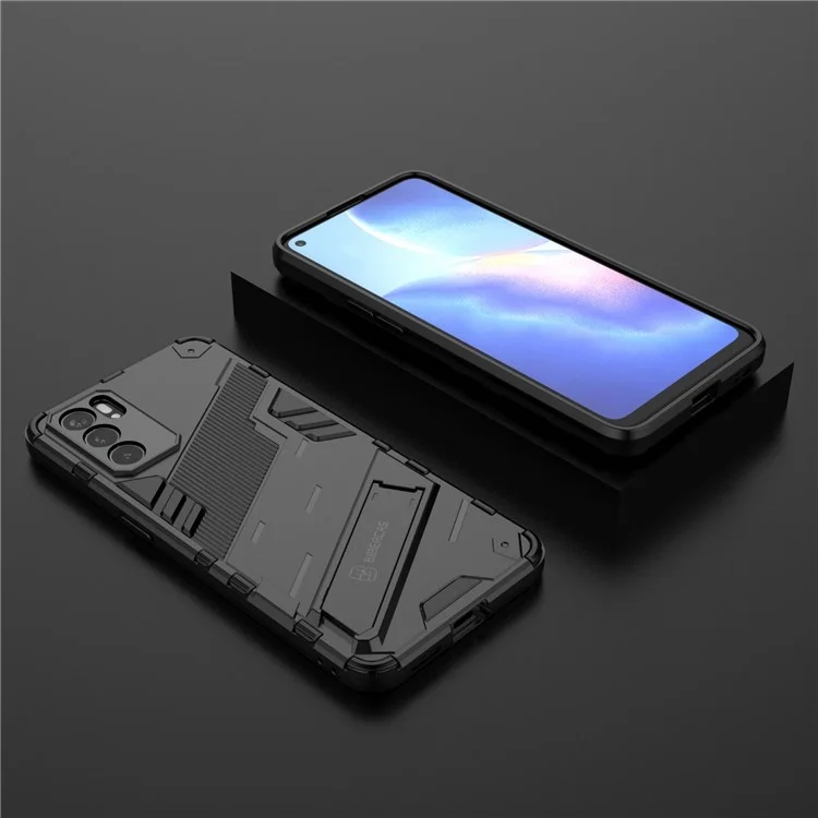 Étui de protection robuste et antichoc en PC + TPU avec support pour Oppo Reno6 5G - Noir 