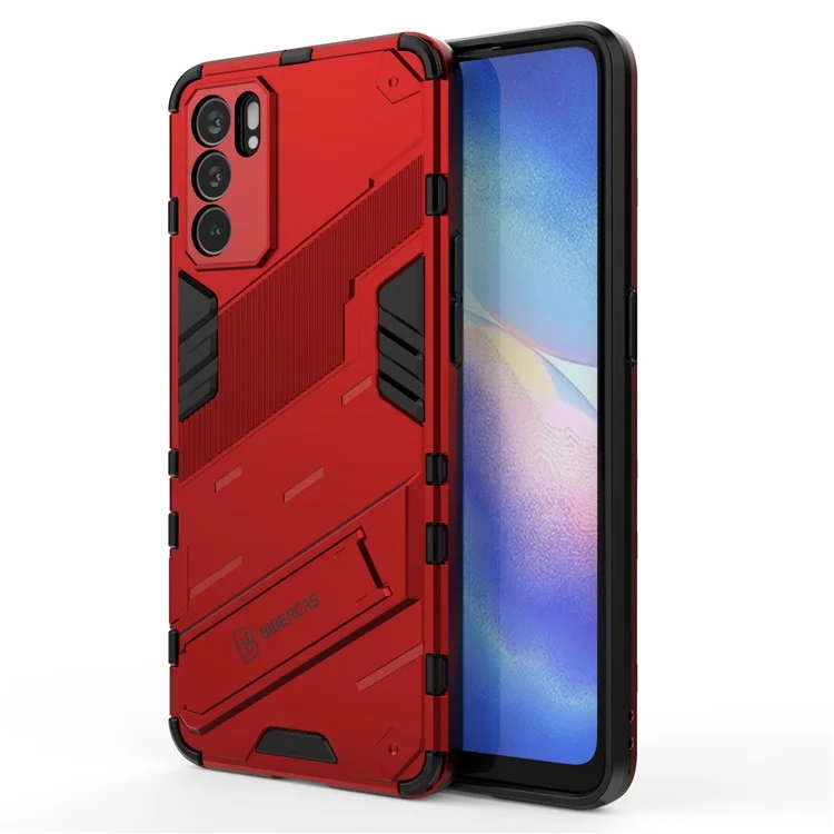 Defender Shockproof Military Durable Rugged PC + TPU Cover con Supporto per Oppo Reno6 5G - Rosso