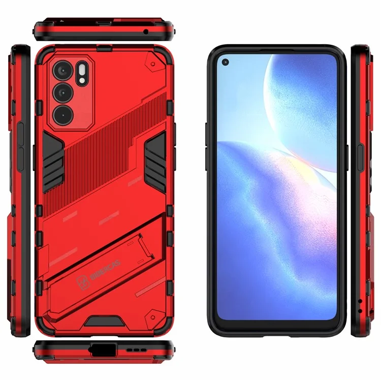Defender Shockproof Military Durable Rugged PC + TPU Cover con Supporto per Oppo Reno6 5G - Rosso