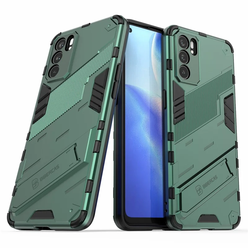 Defender Shockproof Military Durable Rugged PC + TPU Cover with Kickstand for Oppo Reno6 5G - Green