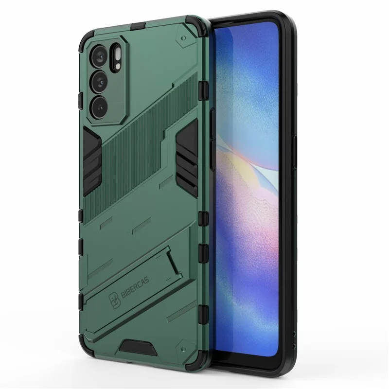 Defender Shockproof Military Durable Rugged PC + TPU Cover with Kickstand for Oppo Reno6 5G - Green