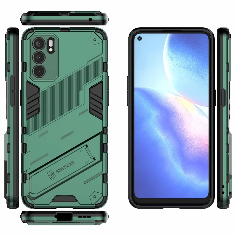 Defender Shockproof Military Durable Rugged PC + TPU Cover with Kickstand for Oppo Reno6 5G - Green