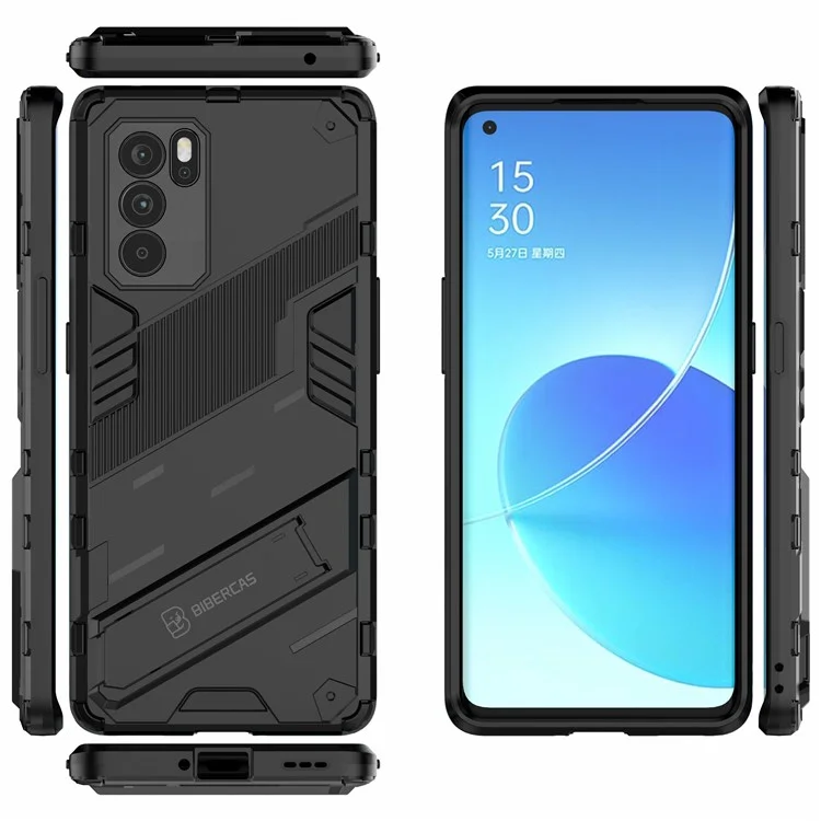 Diseño de Kickstand Protección Resistente PC + TPU Para Oppo Reno6 Pro 5G (MediaTek) - Negro