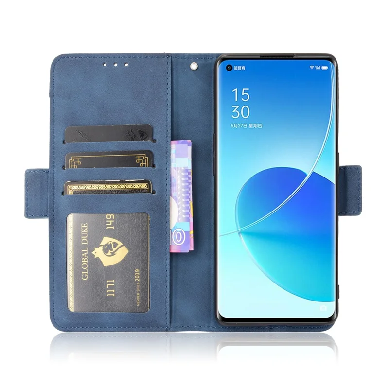 Capa da Caixa da Carteira de Suporte de Couro Com Vários Slots de Cartão Para o Oppo Reno6 Pro 5G (MediaTek) - Azul