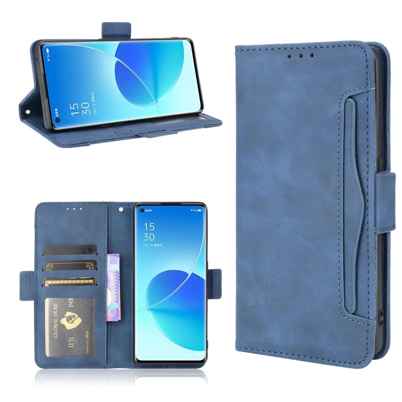 Capa da Caixa da Carteira de Suporte de Couro Com Vários Slots de Cartão Para o Oppo Reno6 Pro 5G (MediaTek) - Azul