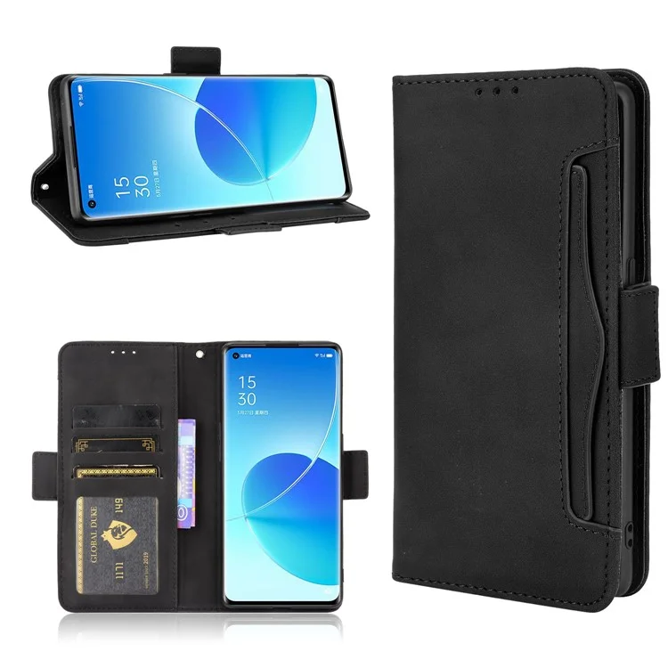 Design mit mehreren Kartenfächern PU-Leder-Standbrieftasche für Oppo Reno6 Pro+ 5G/Pro 5G (Snapdragon) - Schwarz