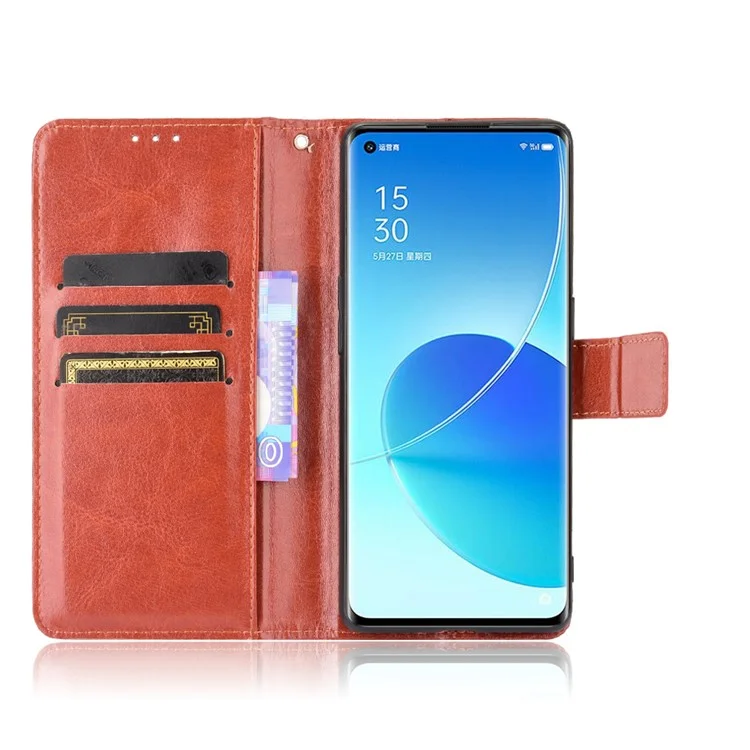 Crazy Horse Texture Wallet Stand PU Leather Phone Shell Case for Oppo Reno6 Pro+ 5G/Pro 5G (Snapdragon) - Brown